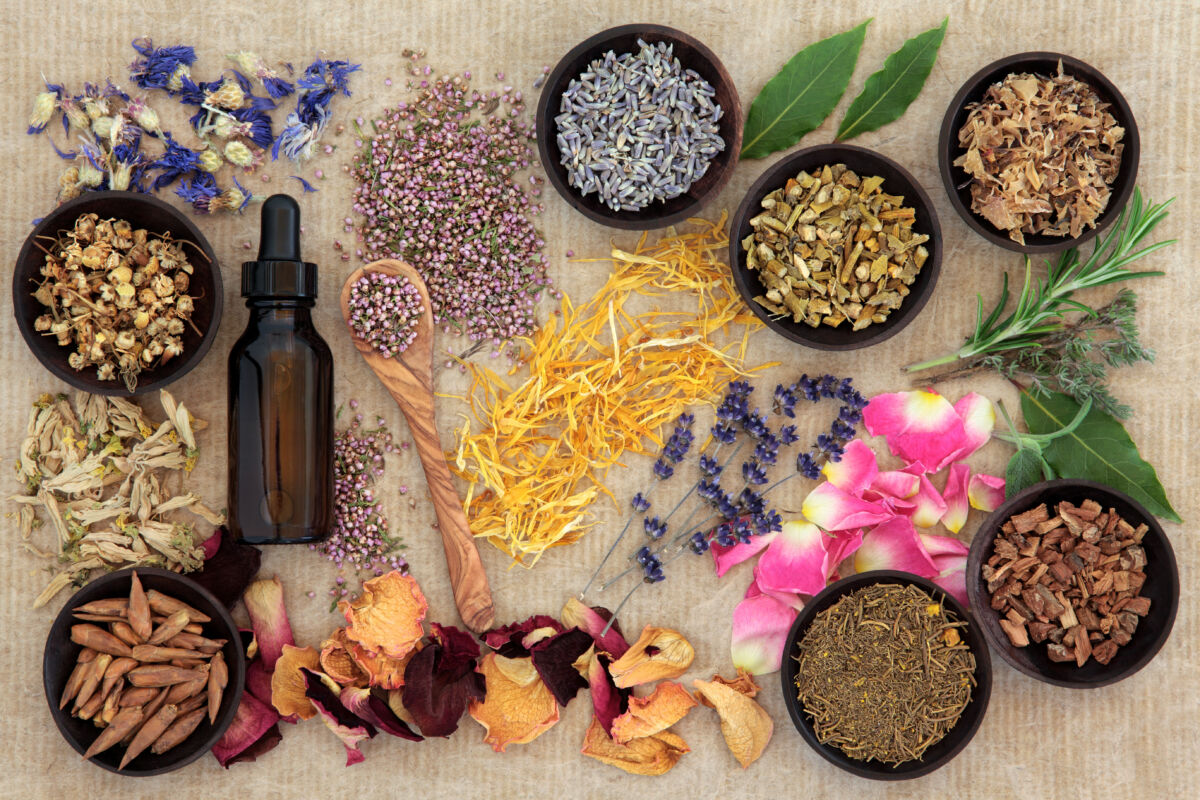 Dried herbs, flowers and herbal tincture used in naturopathy