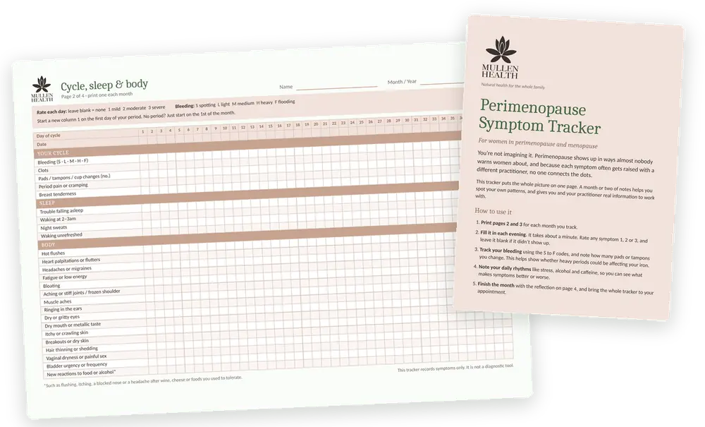 Preview of the free Mullen Health Perimenopause Symptom Tracker: the cover page and the daily cycle, sleep and body tracking page